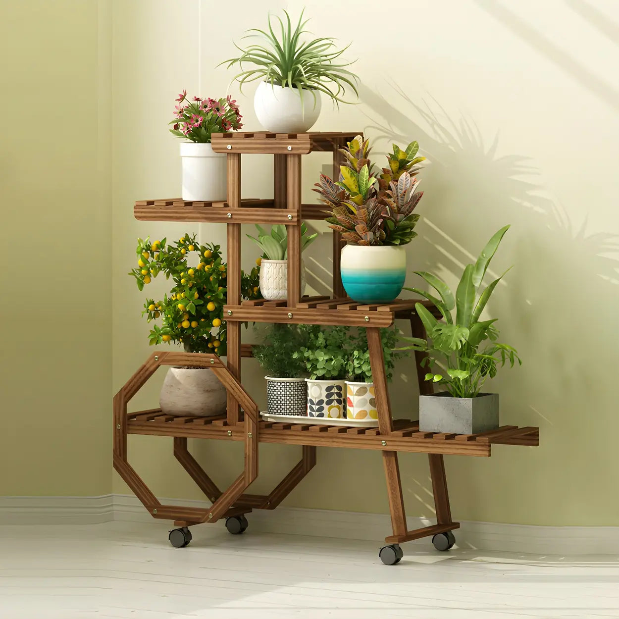 Car-Shape Multi-Tier Wood Indoor Plant Stand — Wood Color