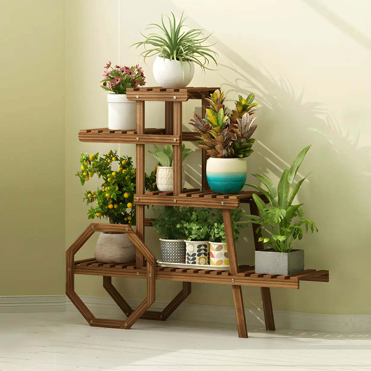 Car-Shape Multi-Tier Wood Indoor Plant Stand — Wood Color