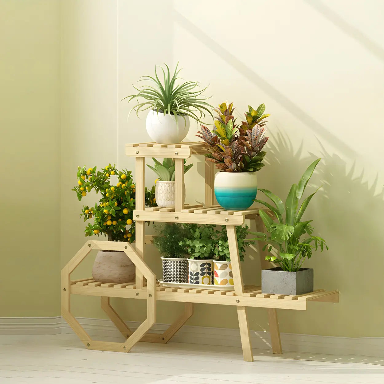 Car-Shape Multi-Tier Wood Indoor Plant Stand — Tan