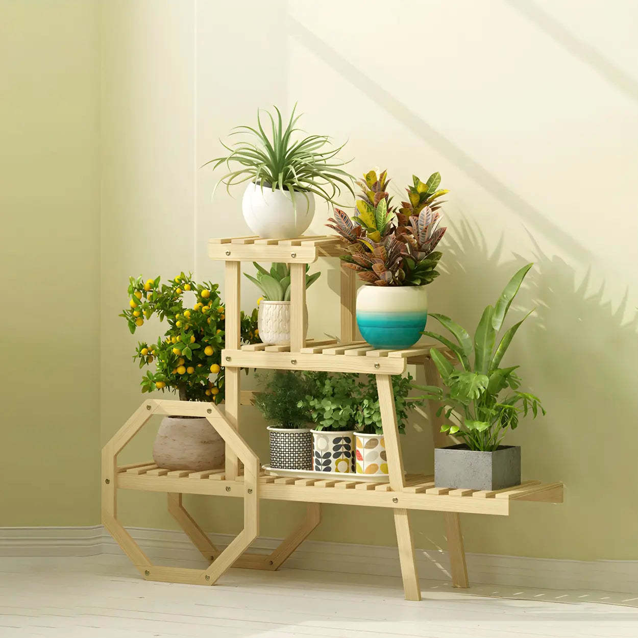 Car-Shape Multi-Tier Wood Indoor Plant Stand — Tan
