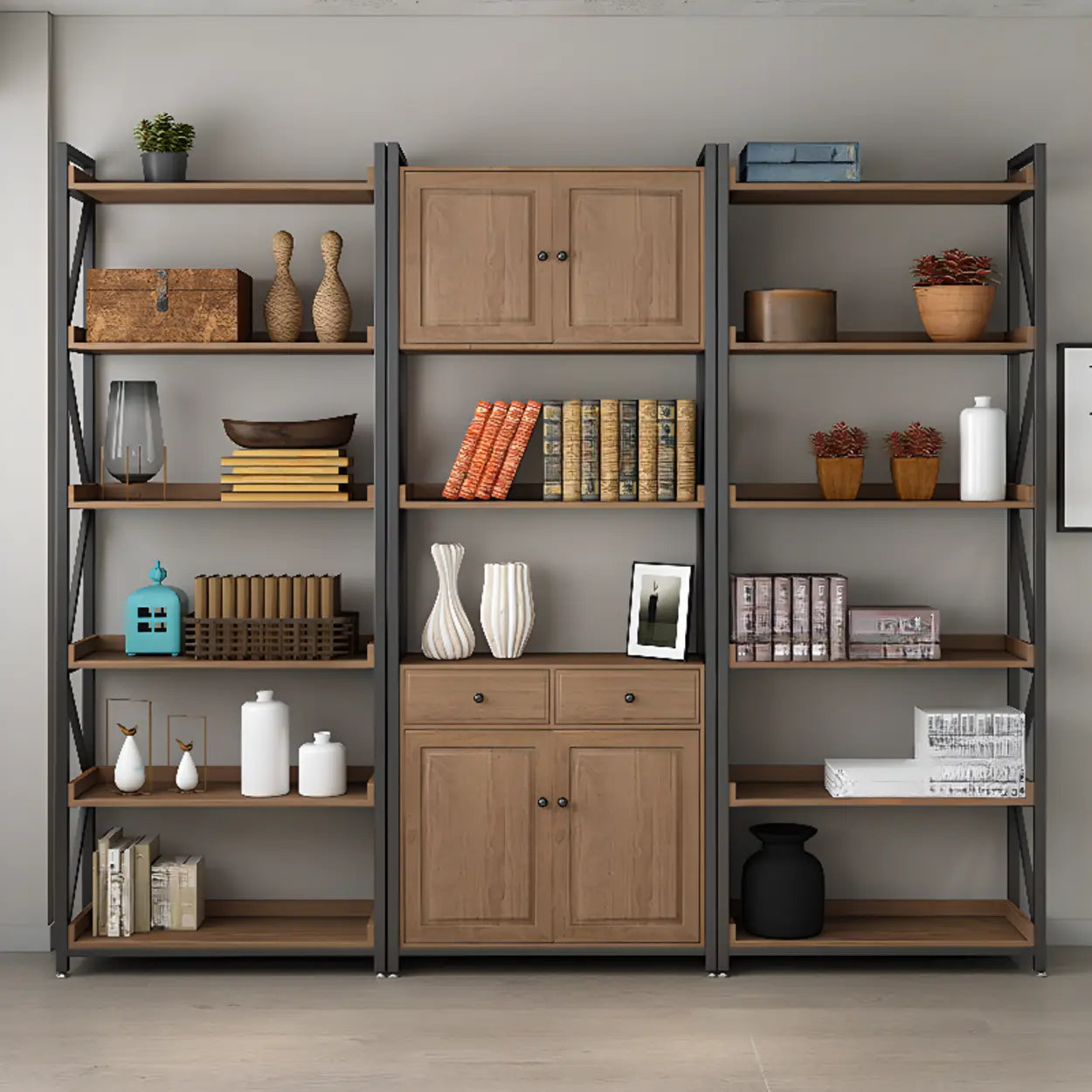 Casual Auburn Metal Frame Wood Bookshelf
