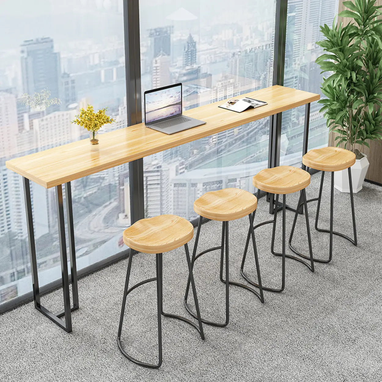 Casual Natural Wood Black Rectangular Timber Bar Table — Gold / Table Only