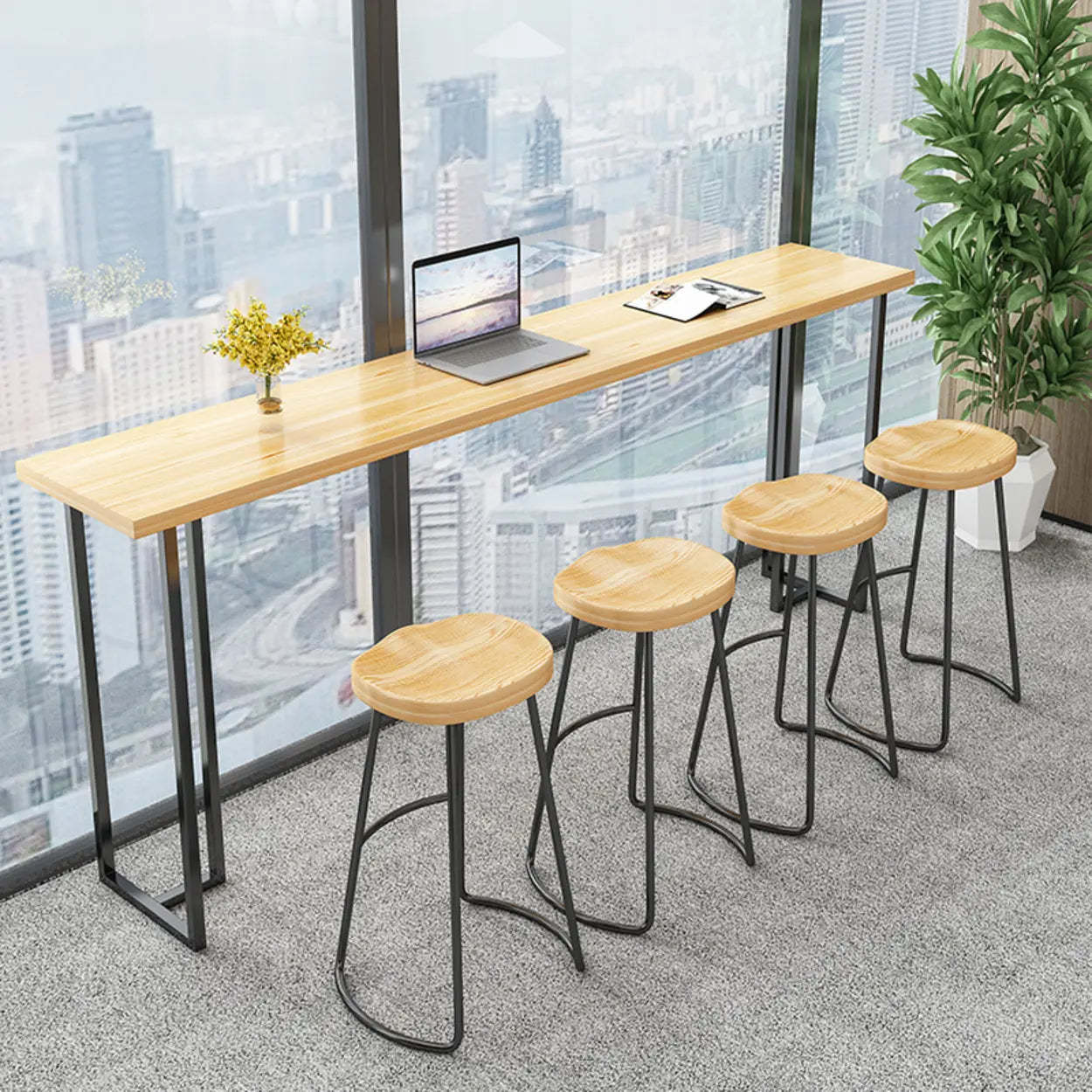 Casual Natural Wood Black Rectangular Timber Bar Table — Gold / Table Only