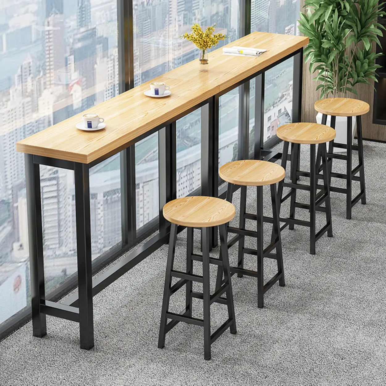 Casual Natural Wood Black Rectangular Timber Bar Table — Electroplated Black / Table Only