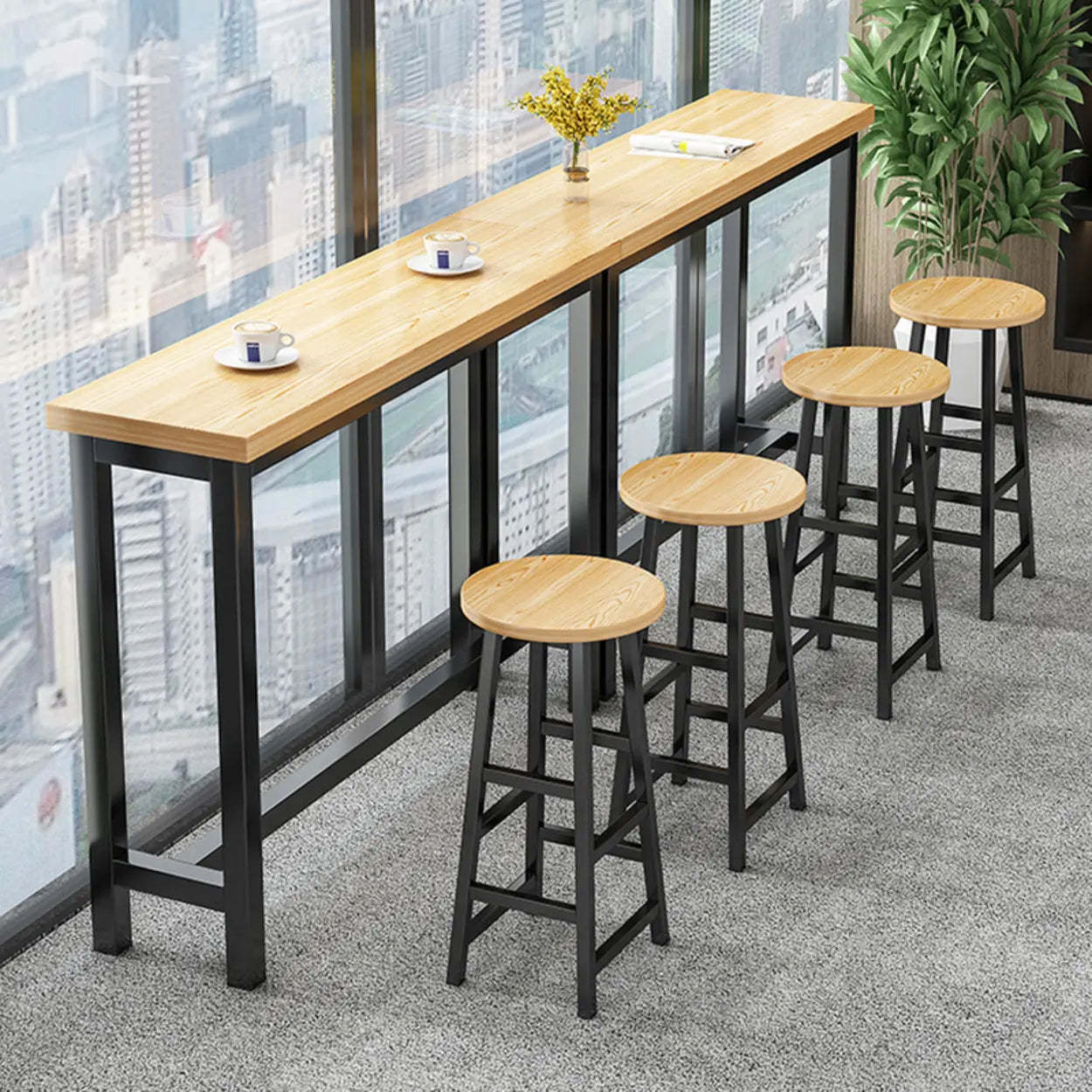 Casual Natural Wood Black Rectangular Timber Bar Table — Electroplated Black / Table Only