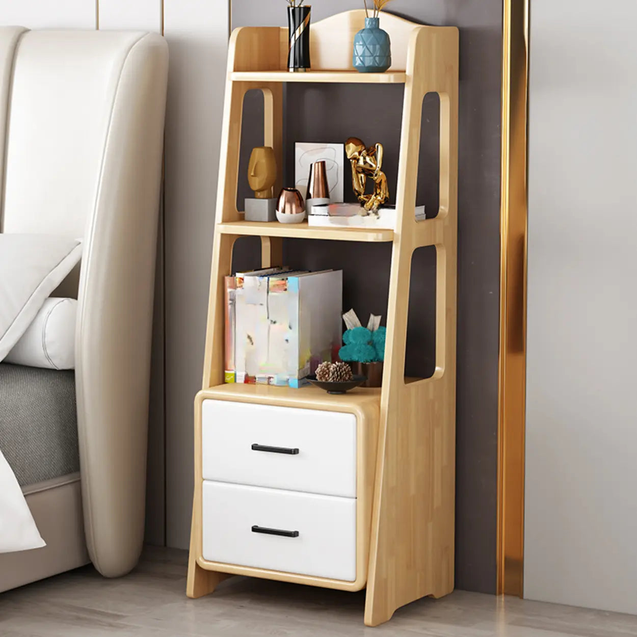 Casual Open Back Natural Wood Ladder Bookcase — Natural Finish