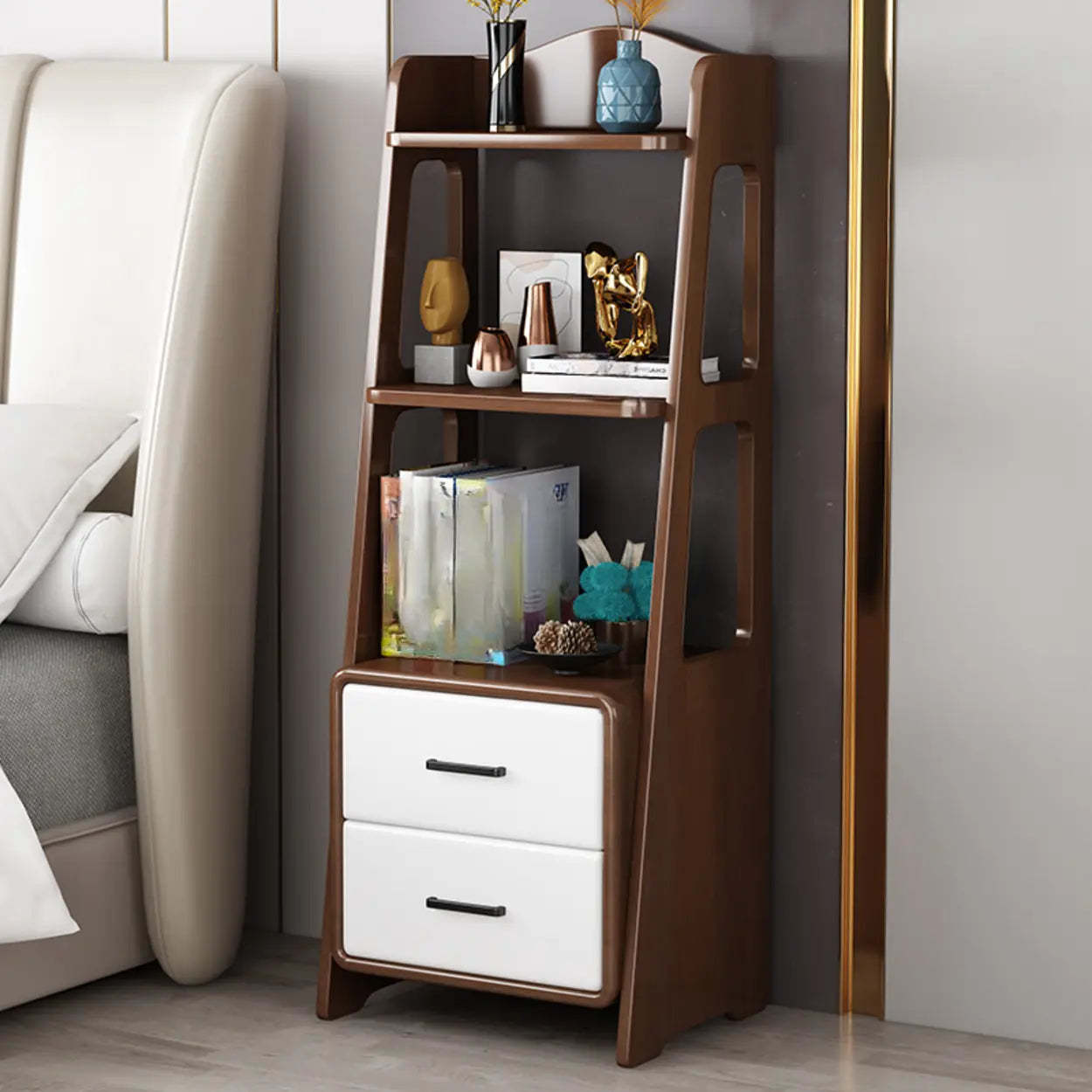 Casual Open Back Natural Wood Ladder Bookcase — Nut-Brown