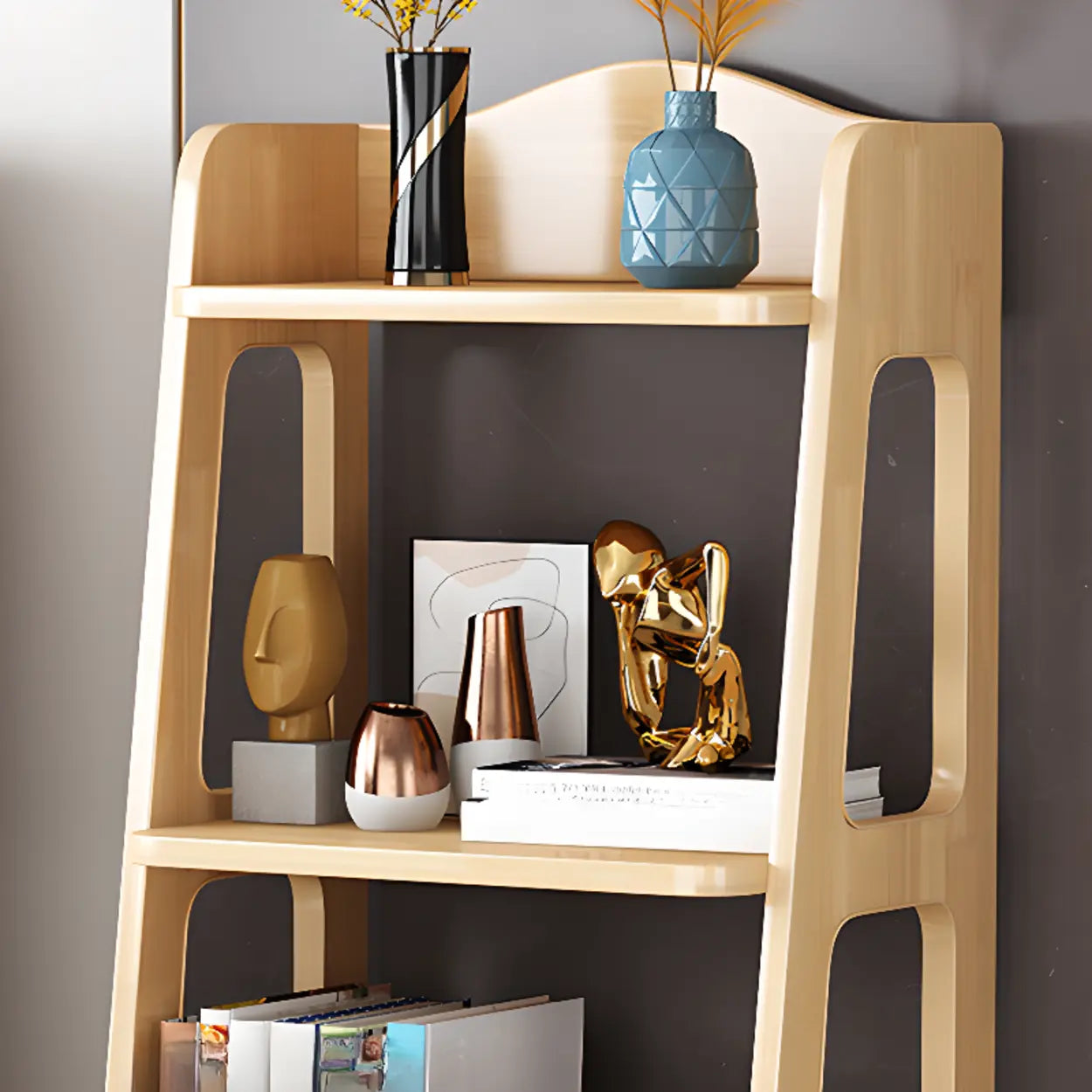 Casual Open Back Natural Wood Ladder Bookcase
