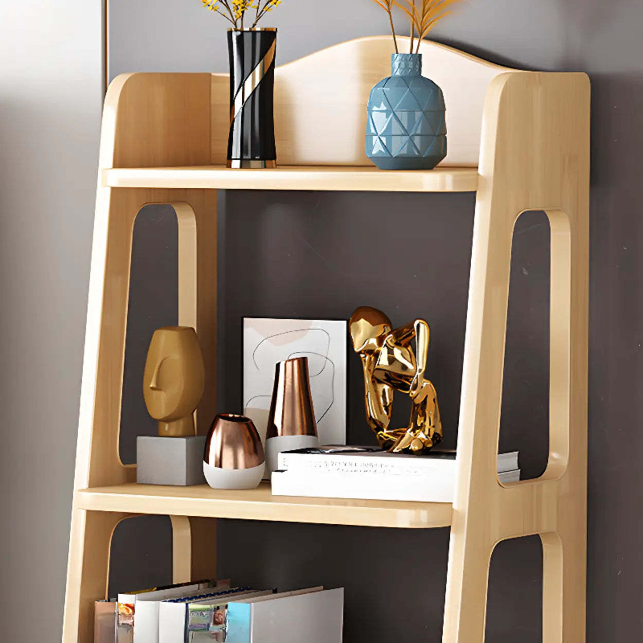 Casual Open Back Natural Wood Ladder Bookcase