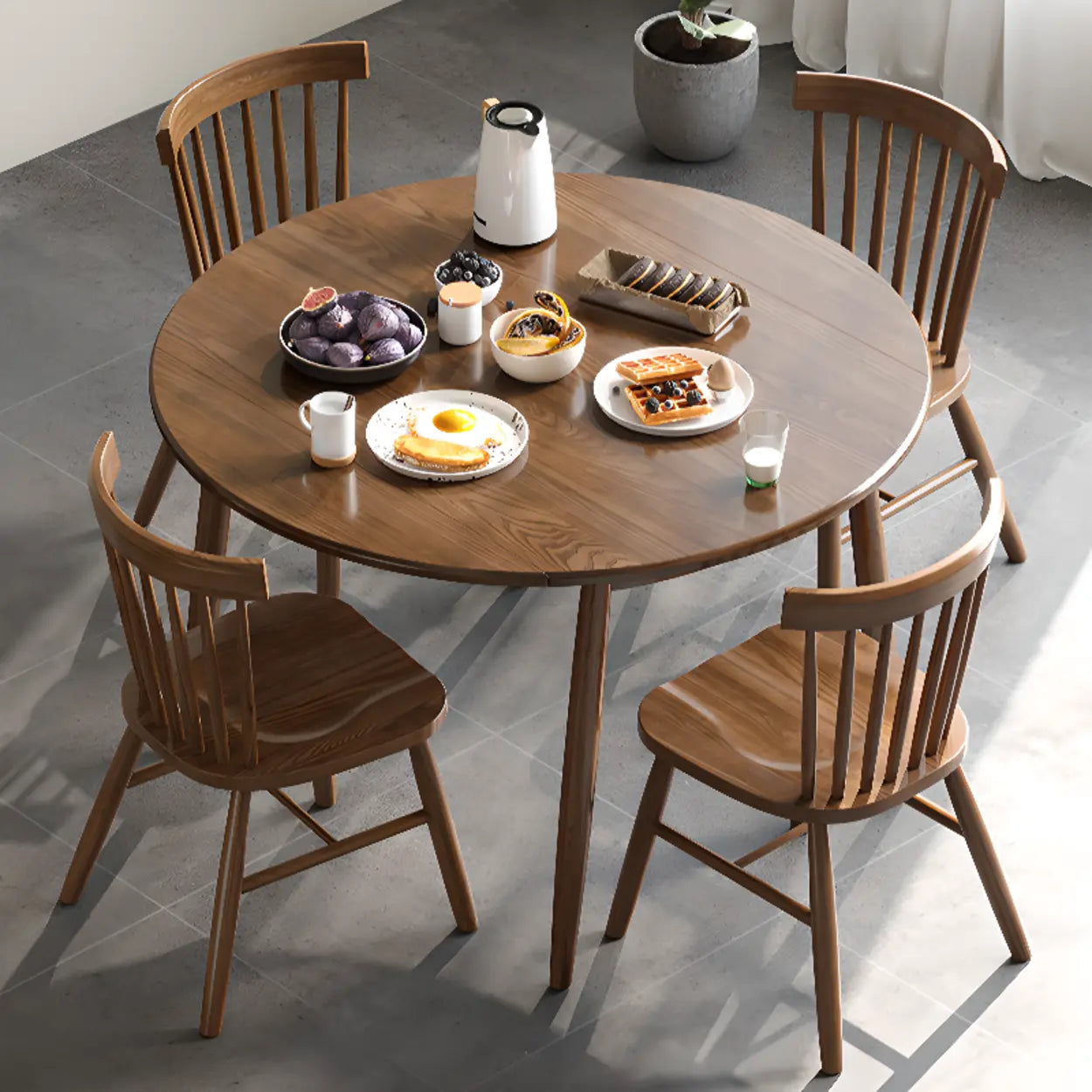 Casual Round Brown Wood Drop-Leaf Dining Table — Table Only