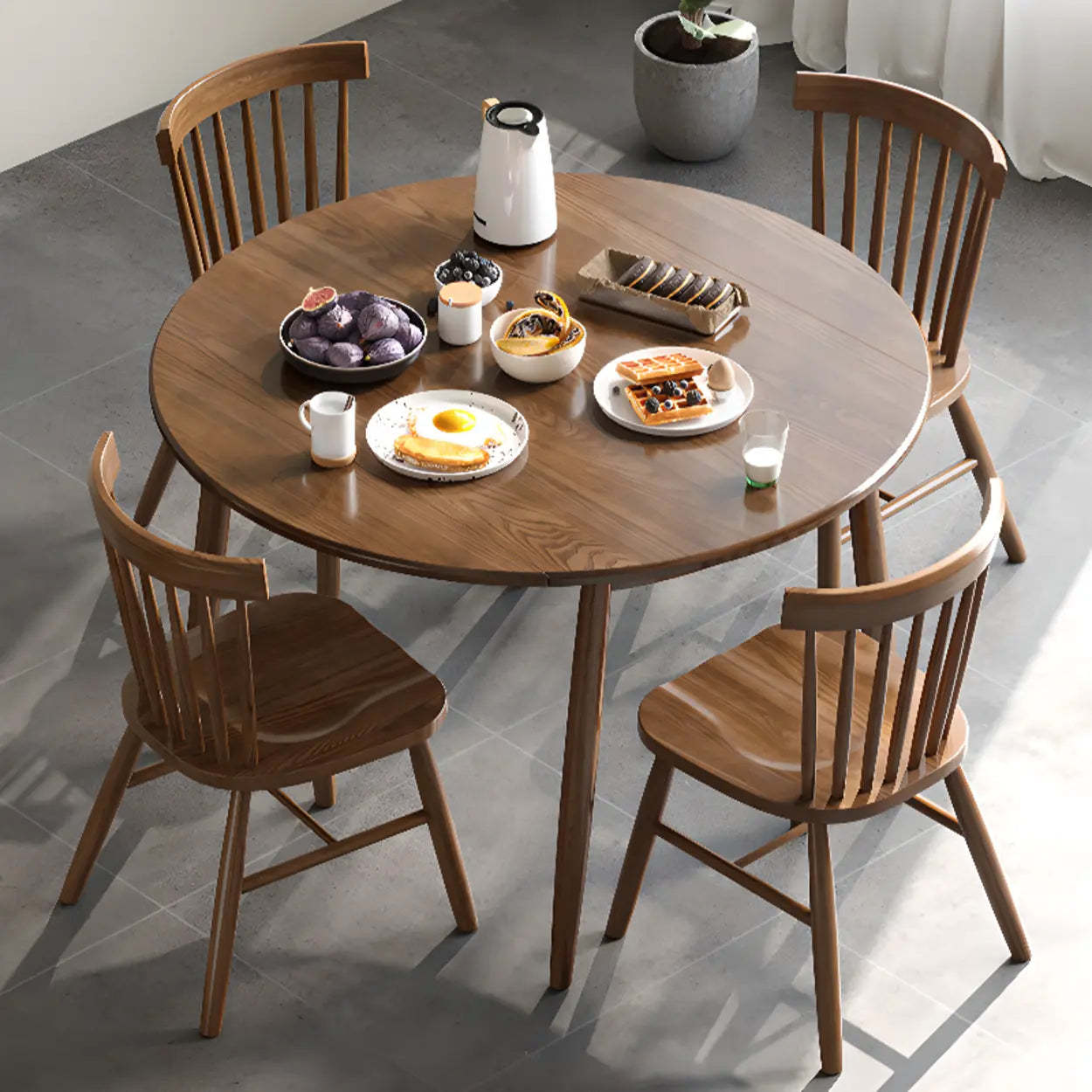 Casual Round Brown Wood Drop-Leaf Dining Table — Table Only