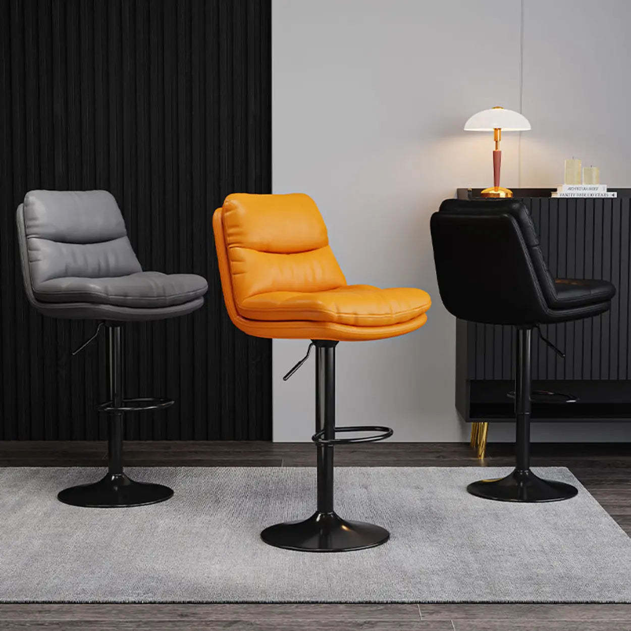 Saddle Leather Swivel Bar Stool with Back — Black / Black