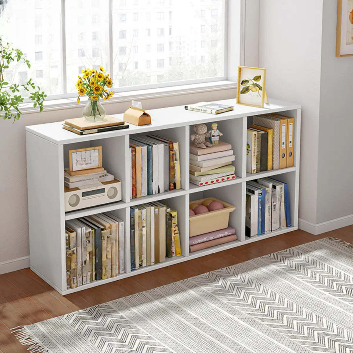 Wood Vertical Wide Closed-Back Bookcase — Oak