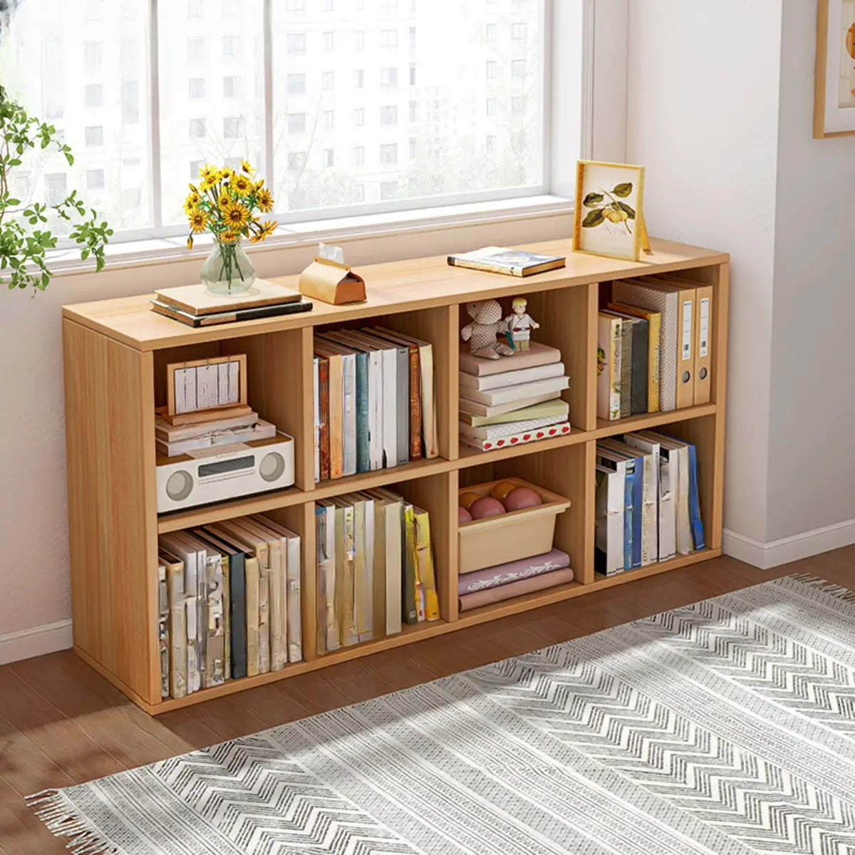 Wood Vertical Wide Closed-Back Bookcase — Oak