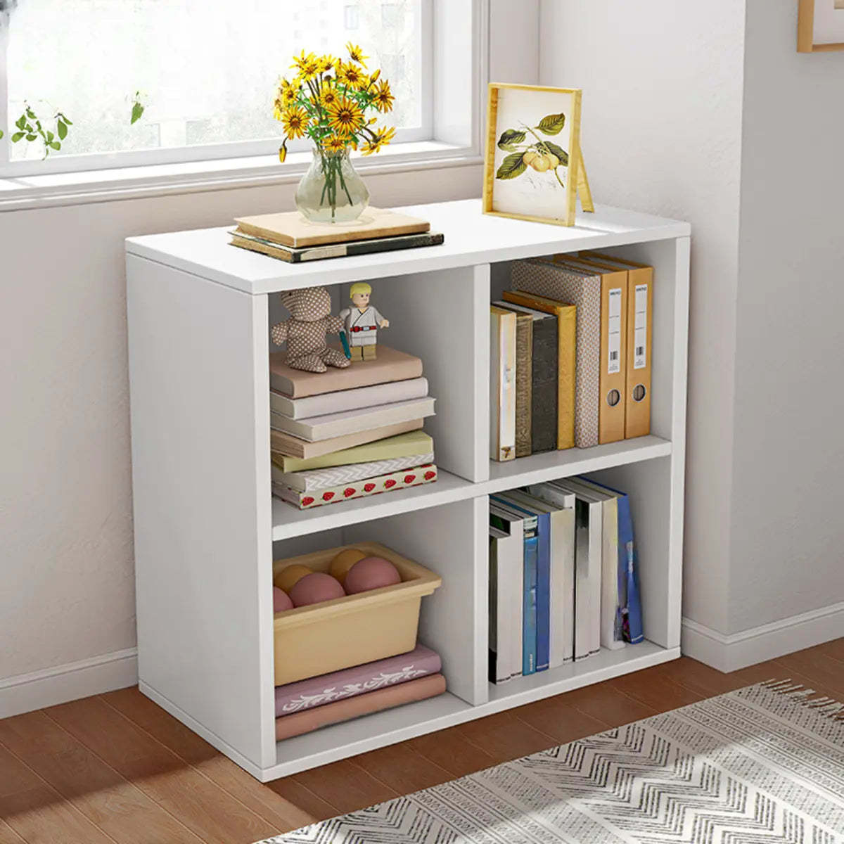 Modern wide closed-back white wood bookcases — 24"L x 12"W x 24"H