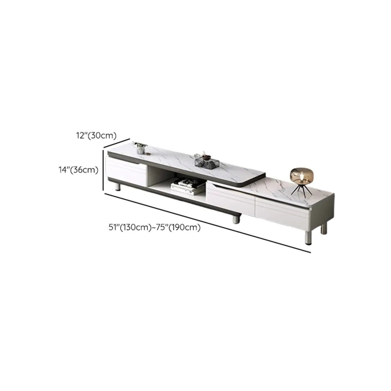 Stylish White Rectangle Stone Open Storage TV Stand #size