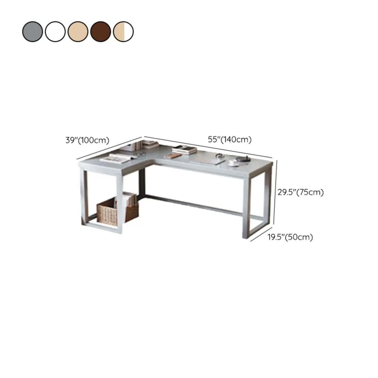 Nut-Brown Wood L-Shape Butcher Block Writing Desk — Grey / Table Only