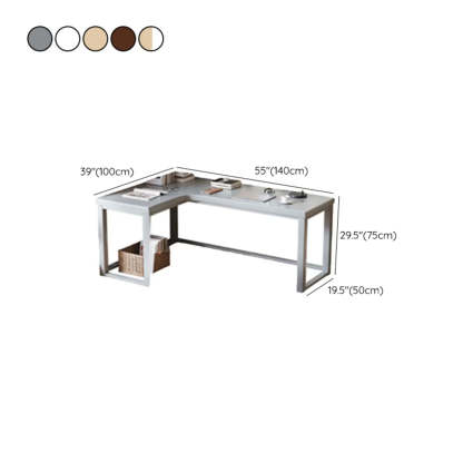 Nut-Brown Wood L-Shape Butcher Block Writing Desk — Grey / Table Only