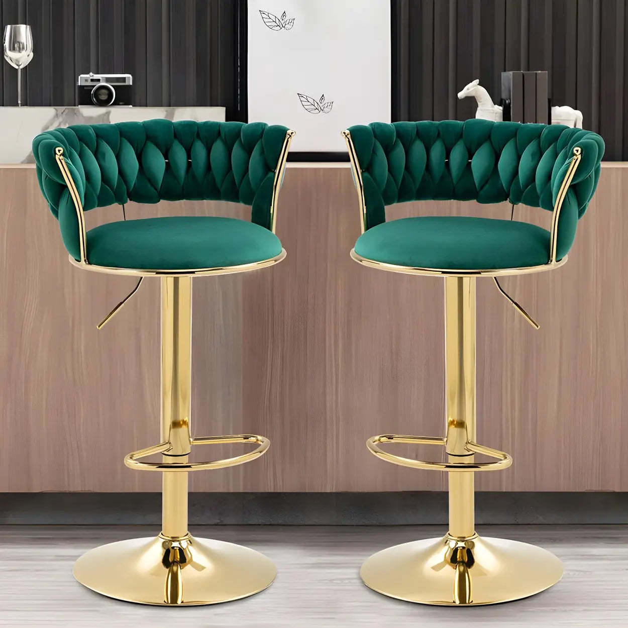 Round Metal Adjustable Swivel Bar Stool — 1 Piece / Blackish Green