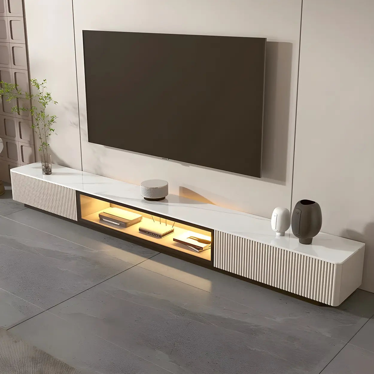 Champagne Stone Rectangular TV Stand with Drawers — Grey