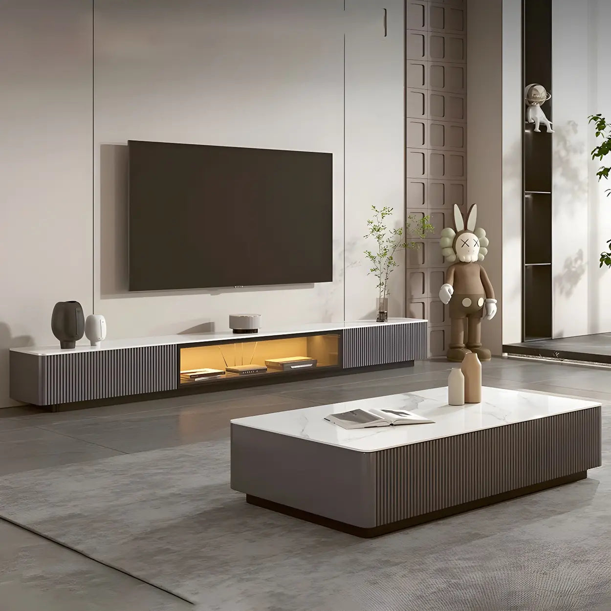 Champagne Stone Rectangular TV Stand with Drawers — Champagne