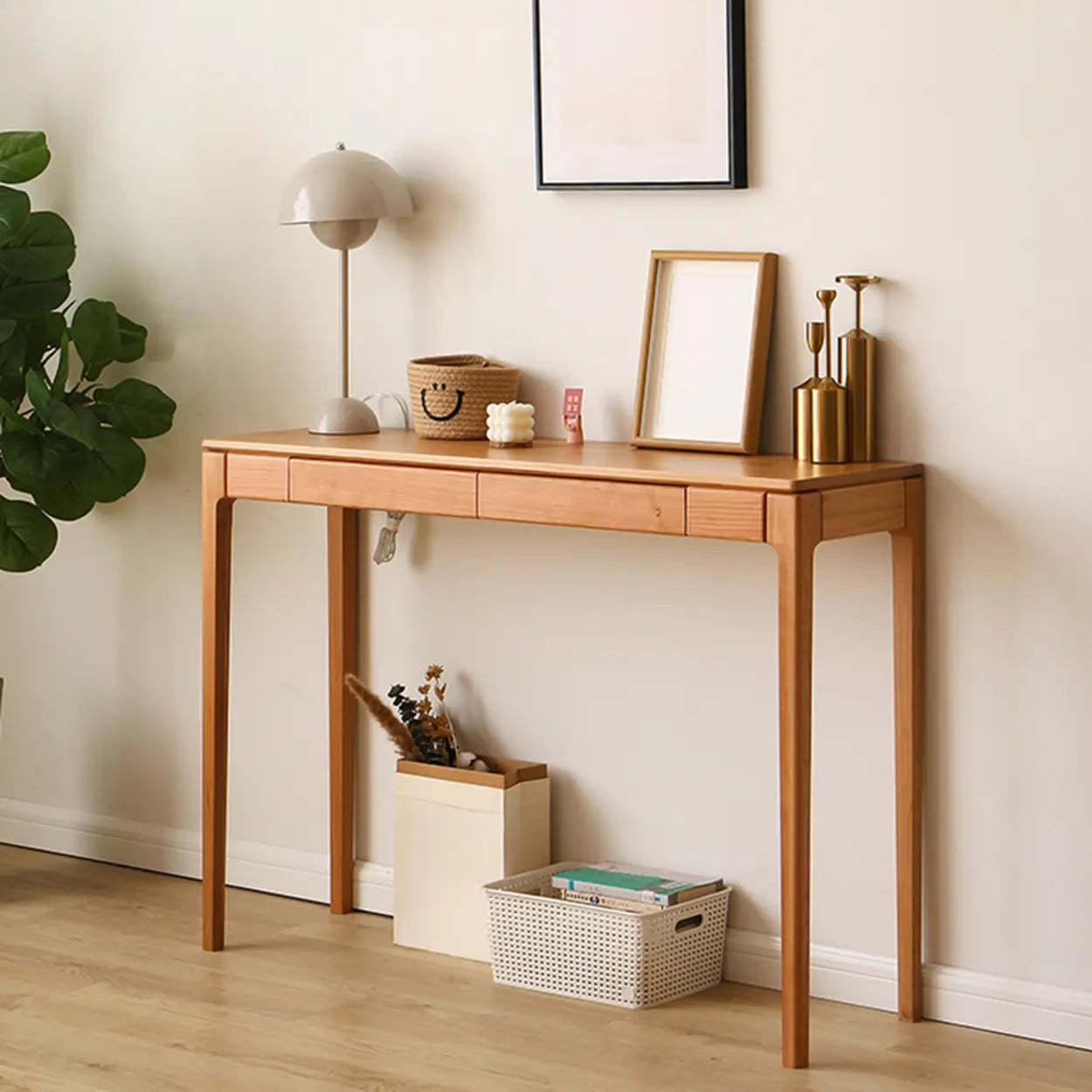 Cherry Wood Rectangular Console Table with Drawers — Nut-Brown / Oak