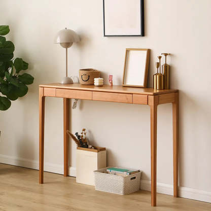 Cherry Wood Rectangular Console Table with Drawers — Nut-Brown / Oak