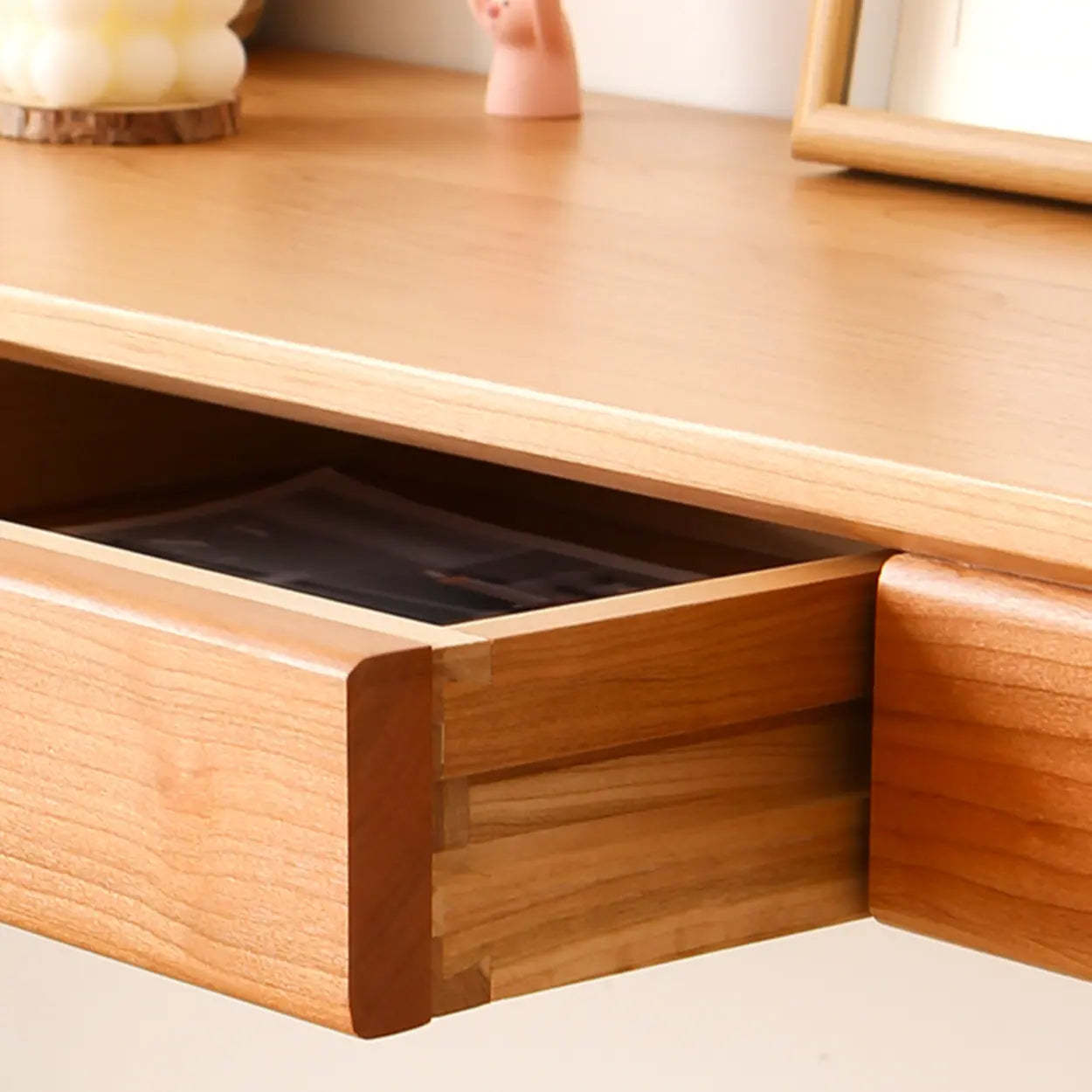 Cherry Wood Rectangular Console Table with Drawers