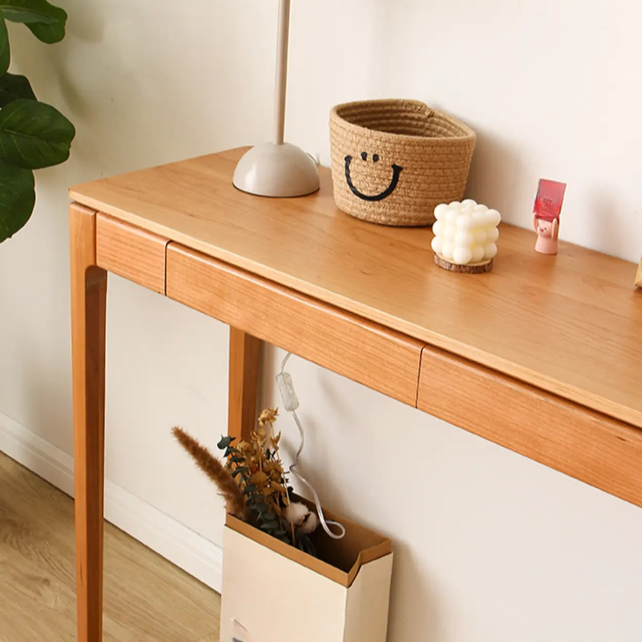 Cherry Wood Rectangular Console Table with Drawers