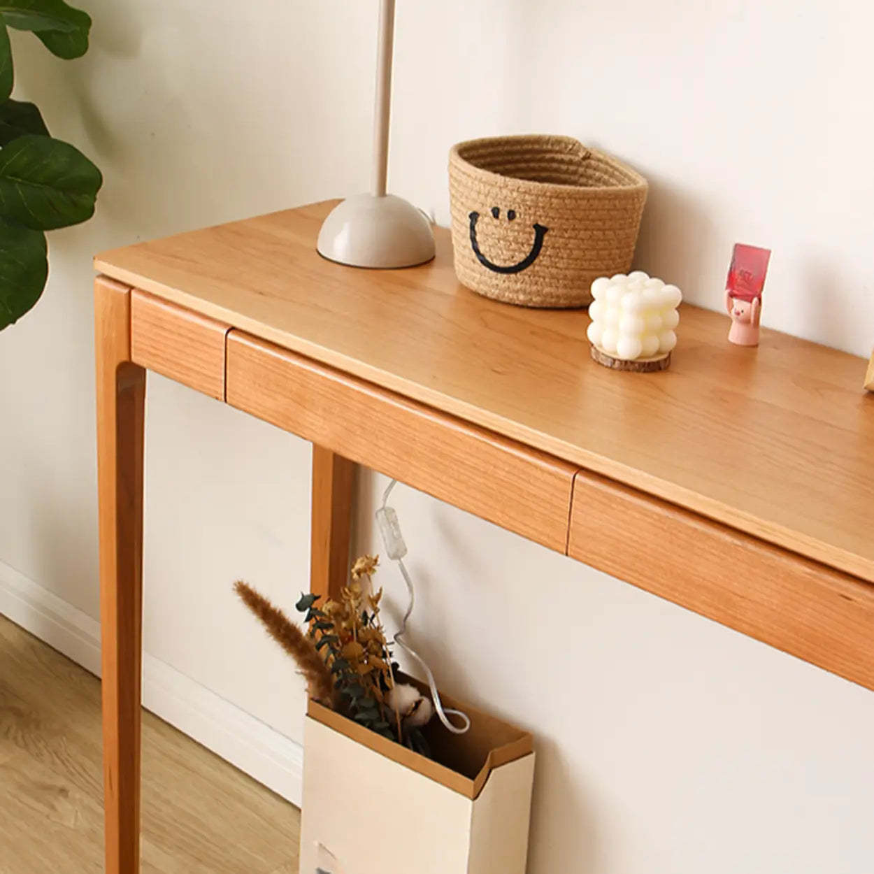 Cherry Wood Rectangular Console Table with Drawers