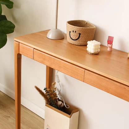 Cherry Wood Rectangular Console Table with Drawers