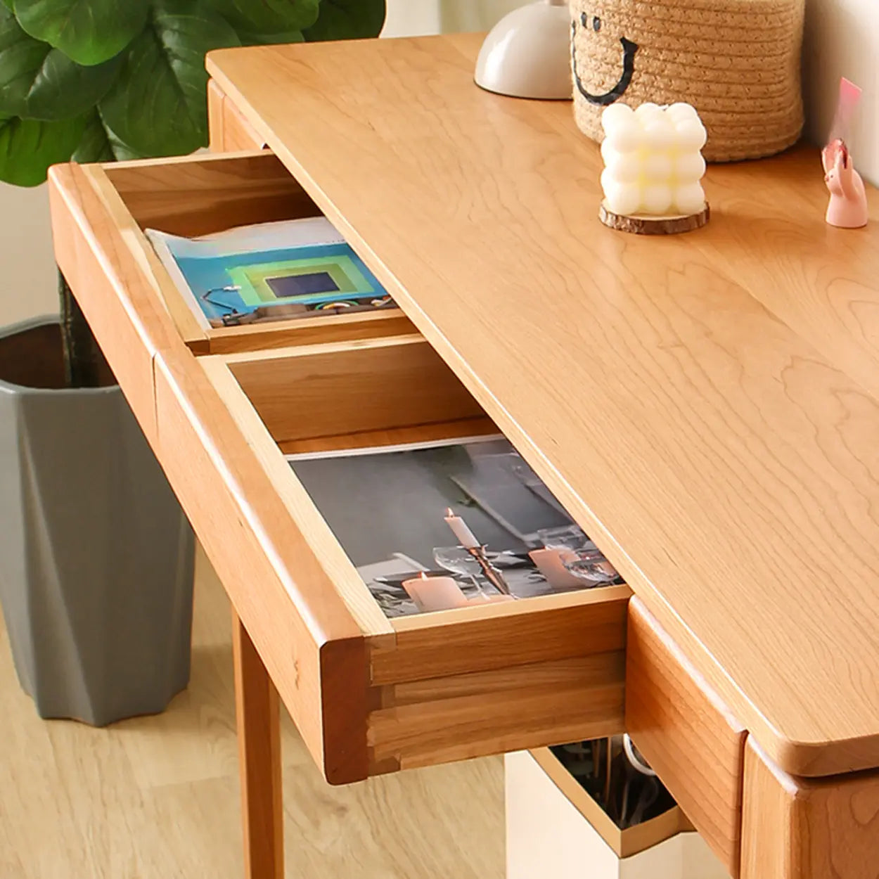 Cherry Wood Rectangular Console Table with Drawers