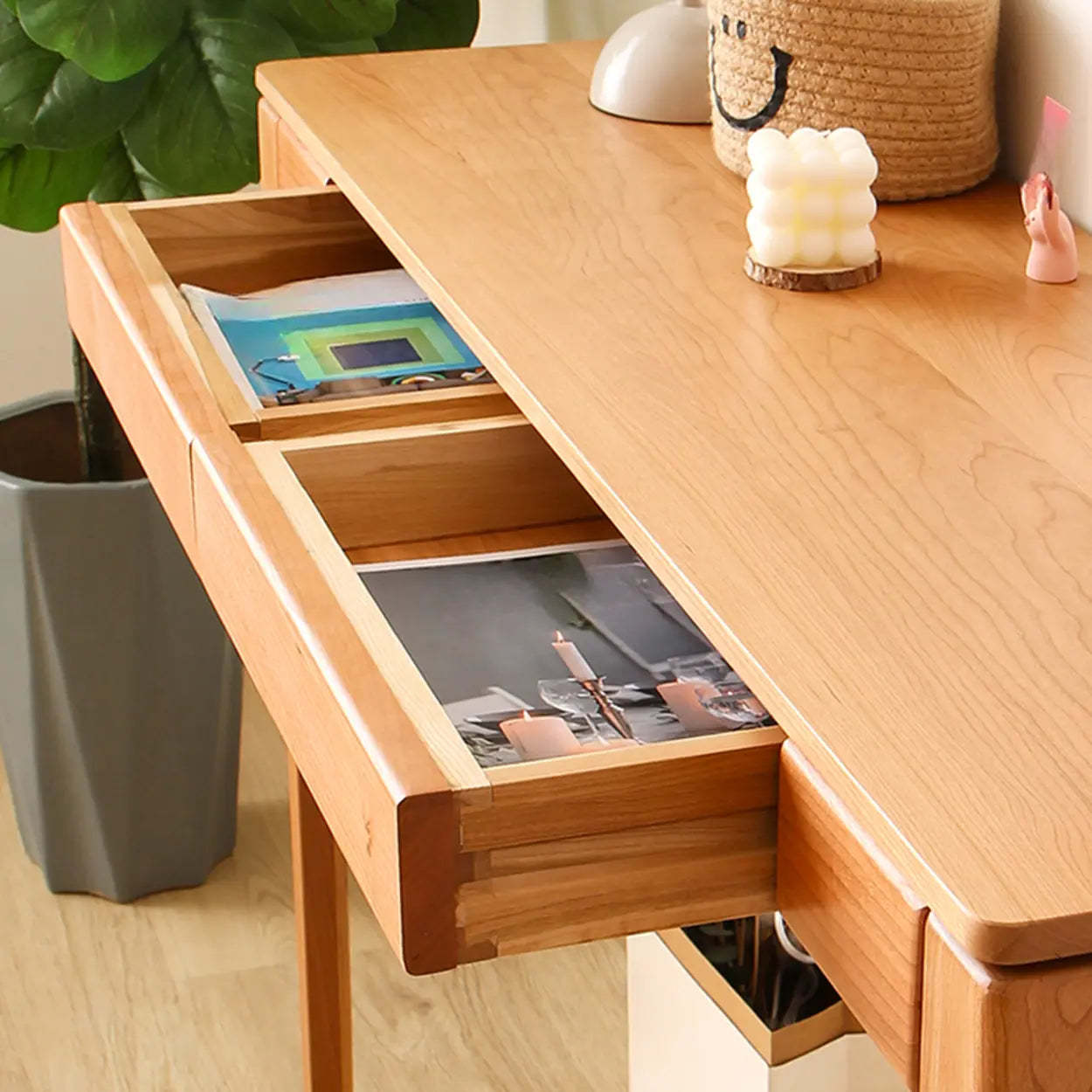 Cherry Wood Rectangular Console Table with Drawers