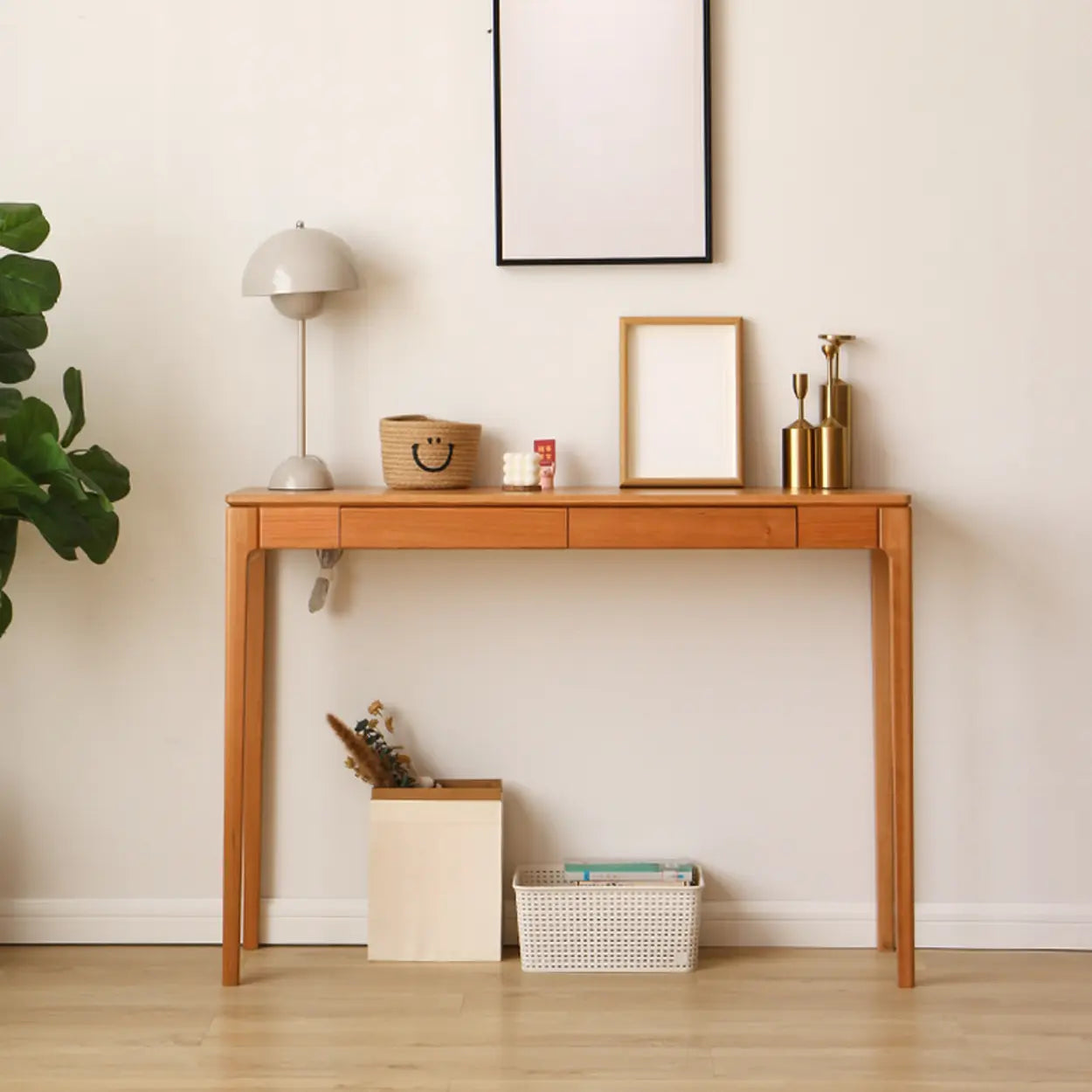 Cherry Wood Rectangular Console Table with Drawers — Natural / Oak