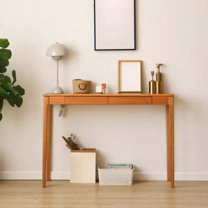 Cherry Wood Rectangular Console Table with Drawers — Natural / Oak