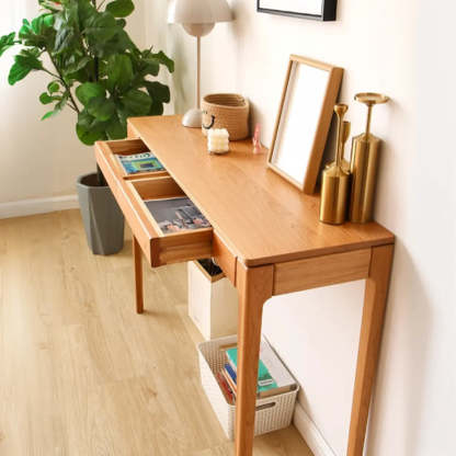 Cherry Wood Rectangular Console Table with Drawers — Nut-Brown / Oak