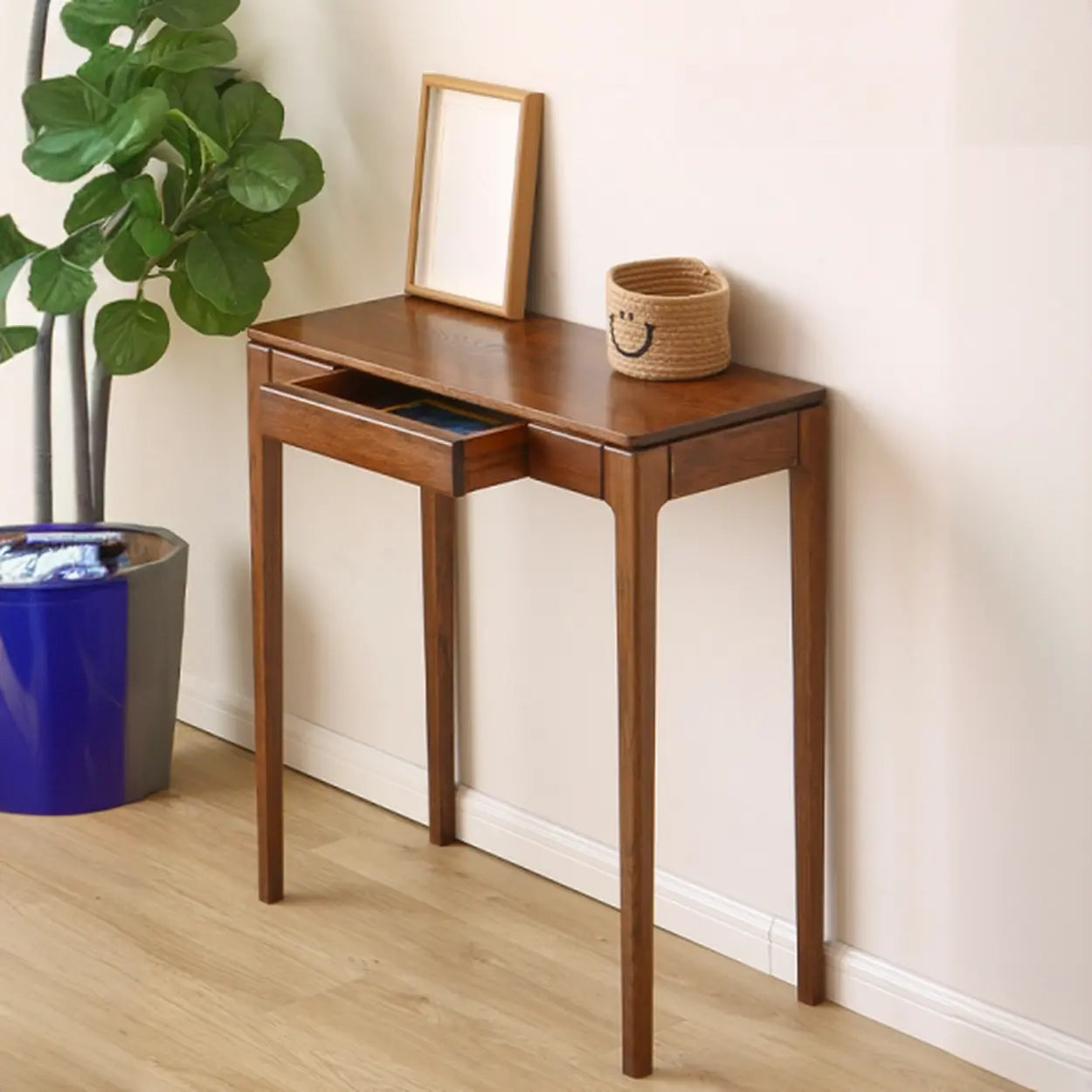 Cherry Wood Rectangular Console Table with Drawers — Natural / Oak