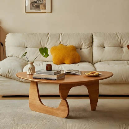 Wood Triangle Coffee Table with Abstract Base — Walnut