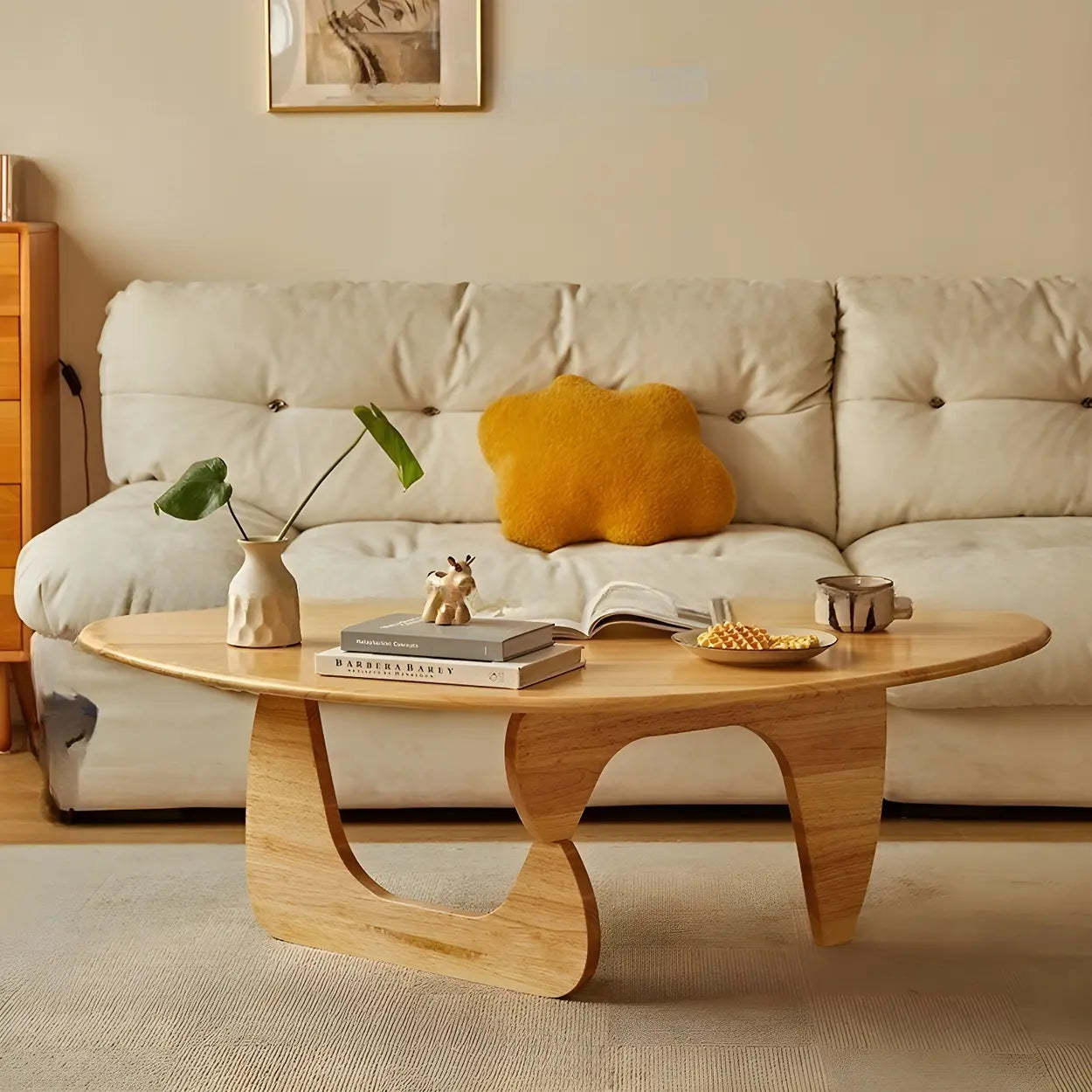 Wood Triangle Coffee Table with Abstract Base — Cherry Wood