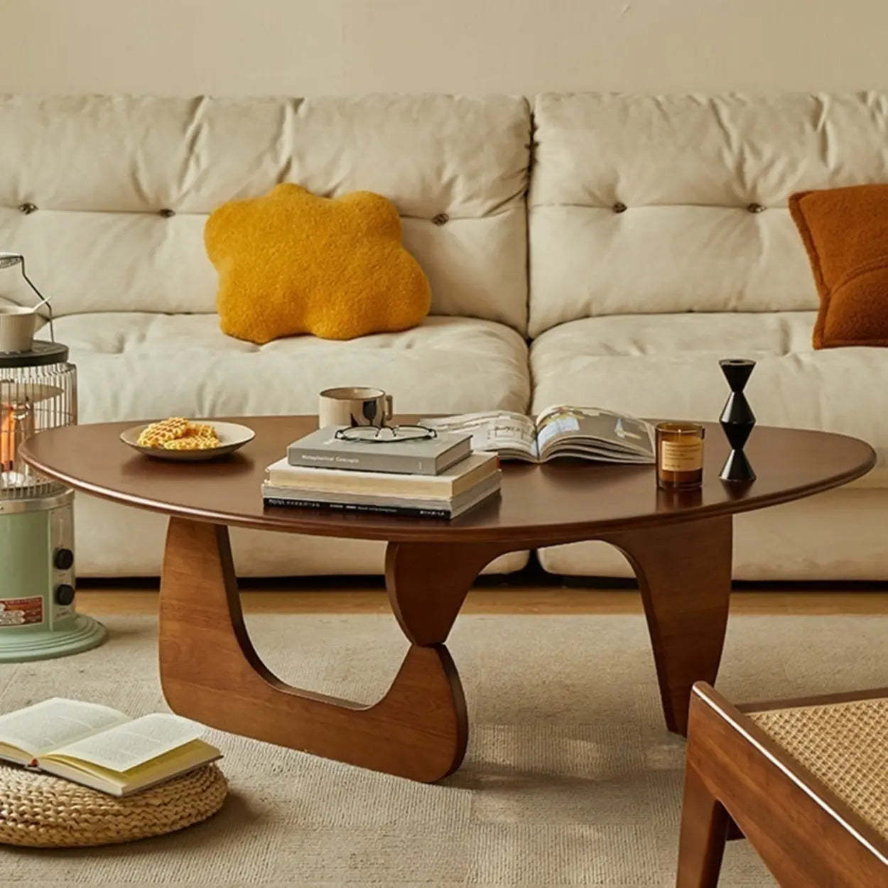 Wood Triangle Coffee Table with Abstract Base — Natural Finish