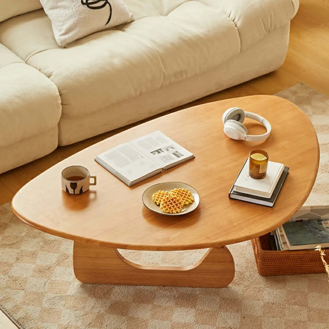 Wood Triangle Coffee Table with Abstract Base — Walnut