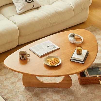 Wood Triangle Coffee Table with Abstract Base — Walnut
