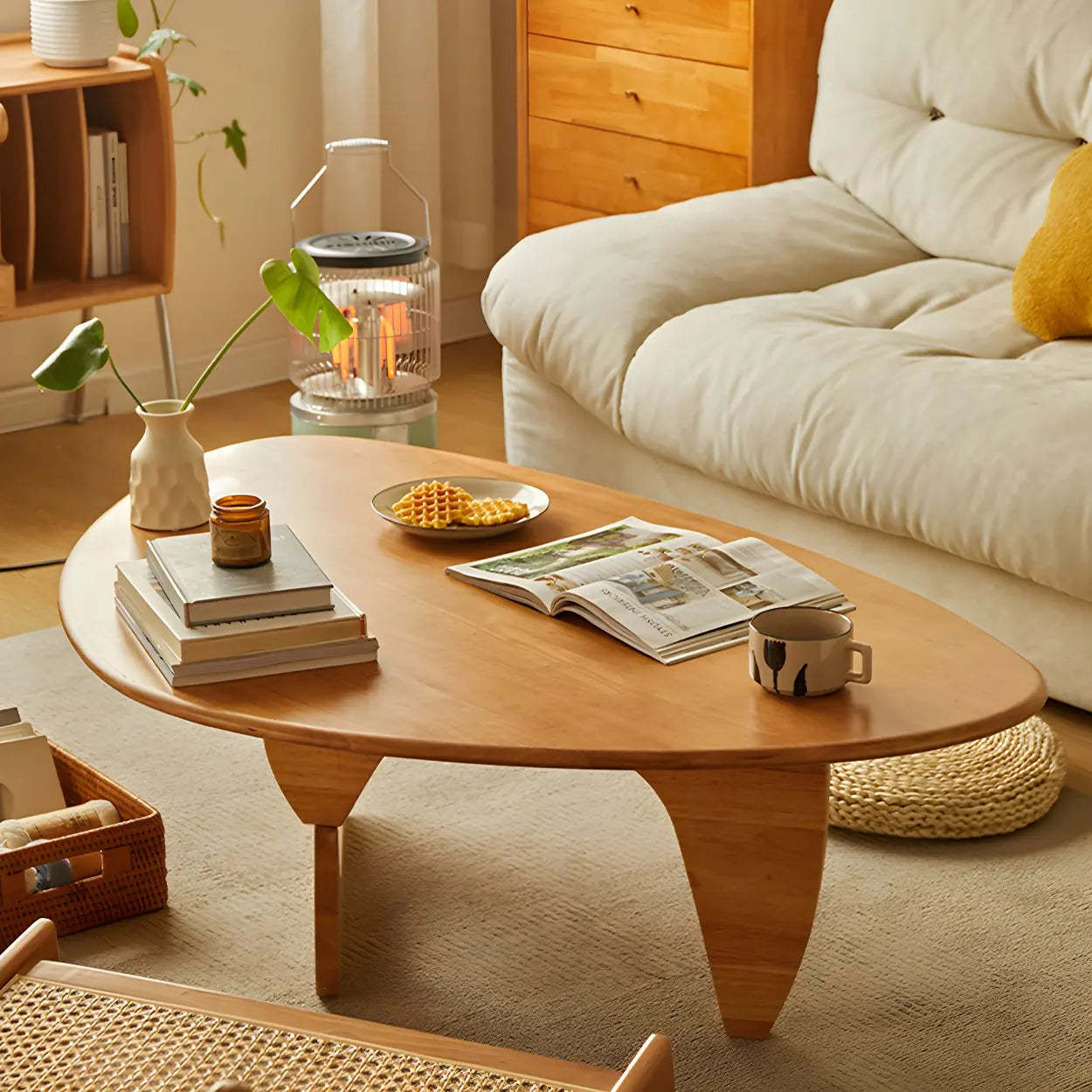 Wood Triangle Coffee Table with Abstract Base — Natural Finish
