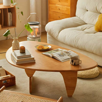 Wood Triangle Coffee Table with Abstract Base — Natural Finish