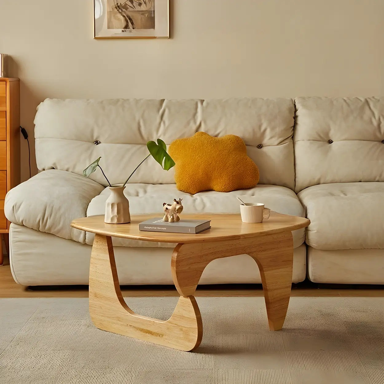 Wood Triangle Coffee Table with Abstract Base — Walnut