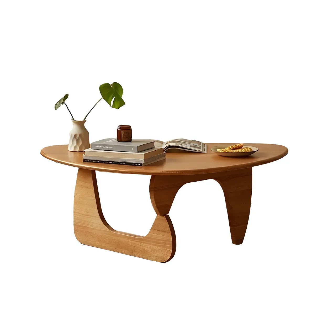 Wood Triangle Coffee Table with Abstract Base — Cherry Wood