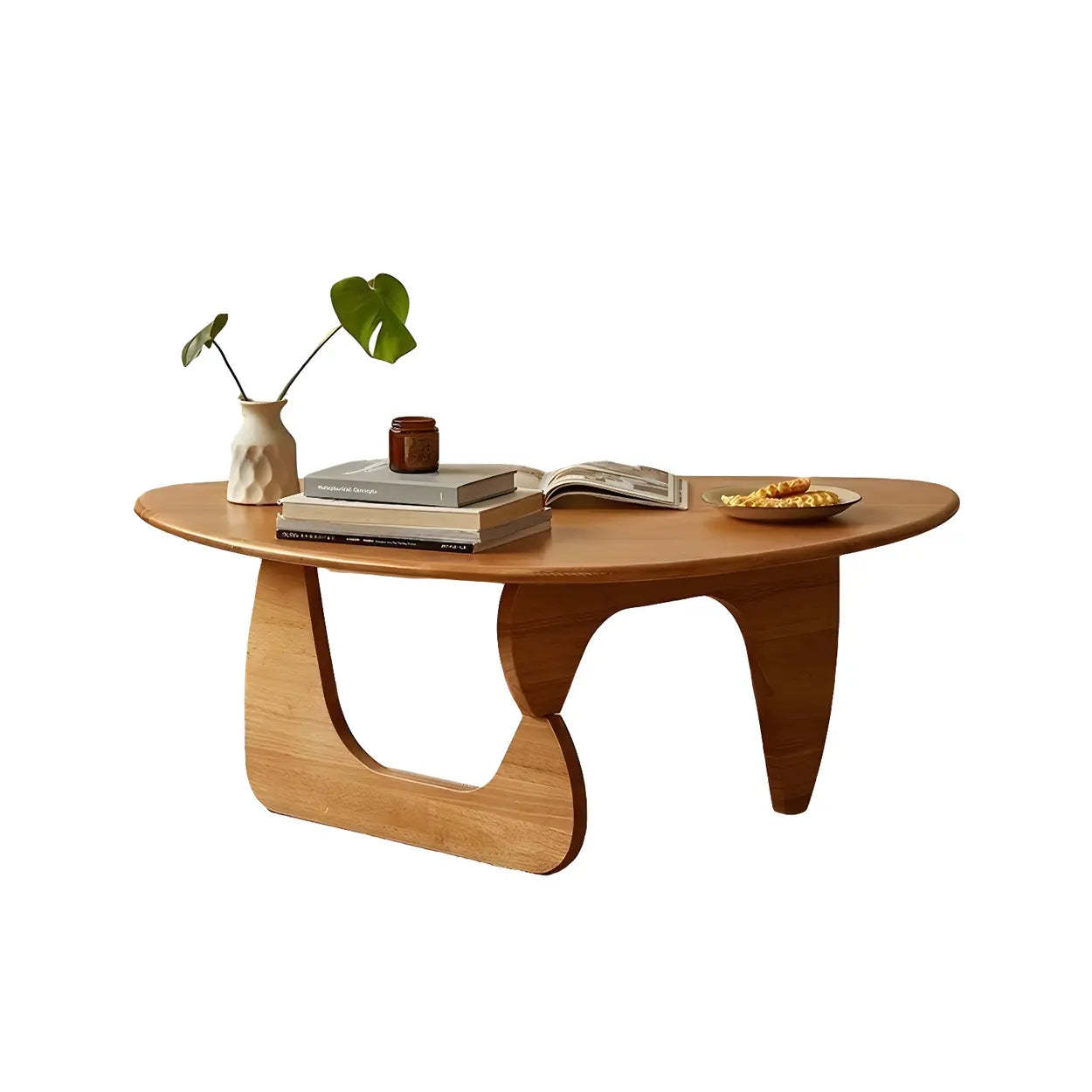 Wood Triangle Coffee Table with Abstract Base — Cherry Wood