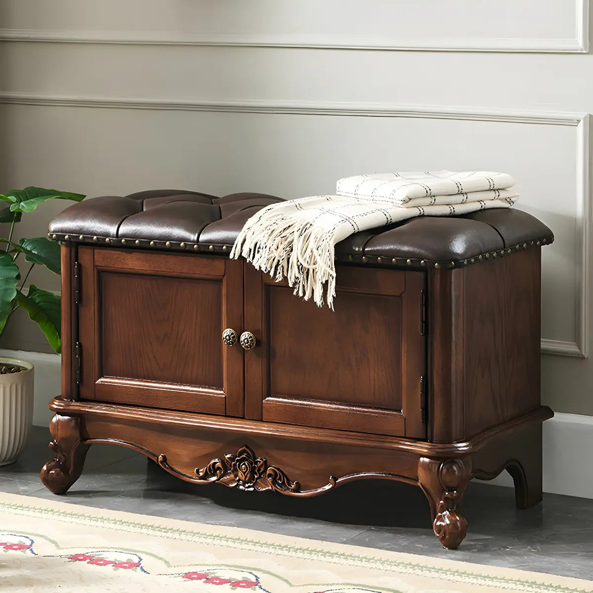 Tufted Entryway Bench with Cabinets