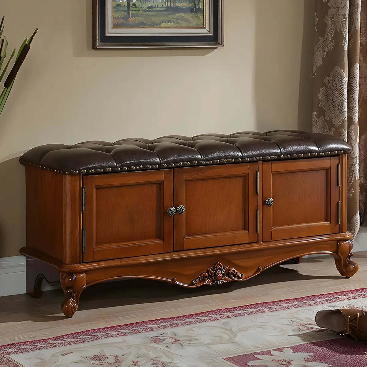Tufted Entryway Bench with Cabinets