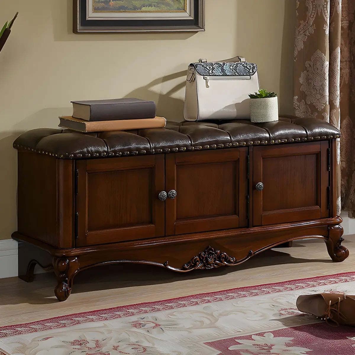 Tufted Entryway Bench with Cabinets